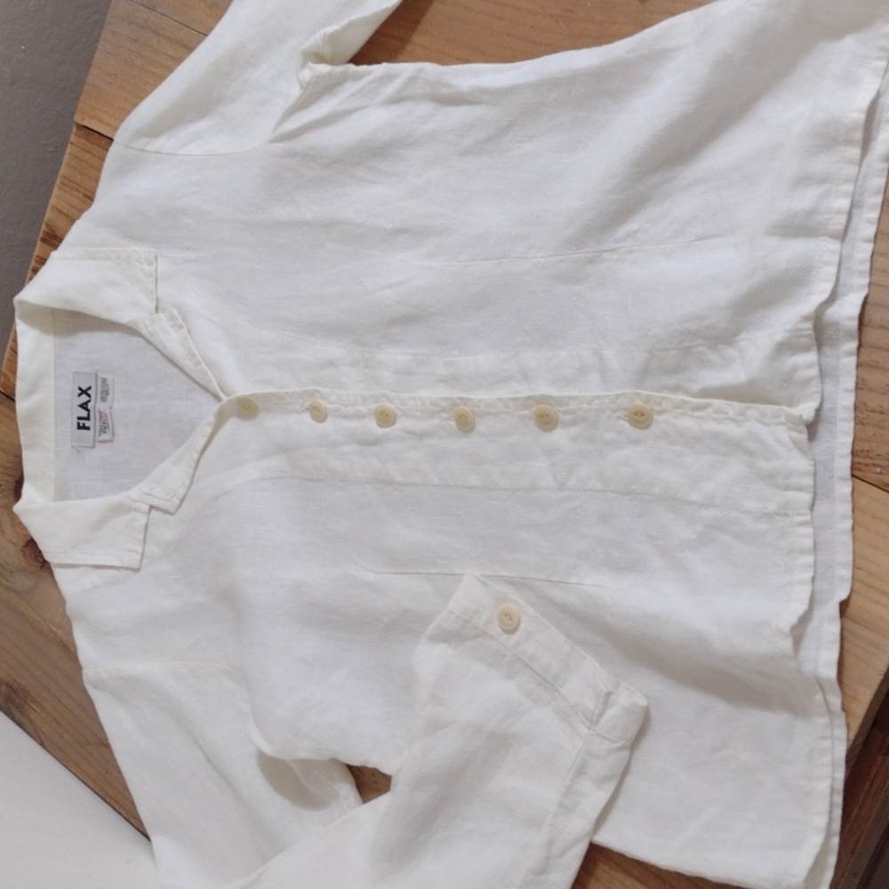 FLAX 100% Linen Gauzy Button Front Long Sleeve Blouse Size P - Fits like Mp